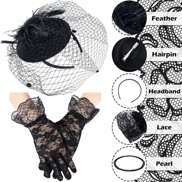 Fascinator Hat Set Women Veil Gloves Necklace Earrings for Party Funeral - Picture 5 of 6